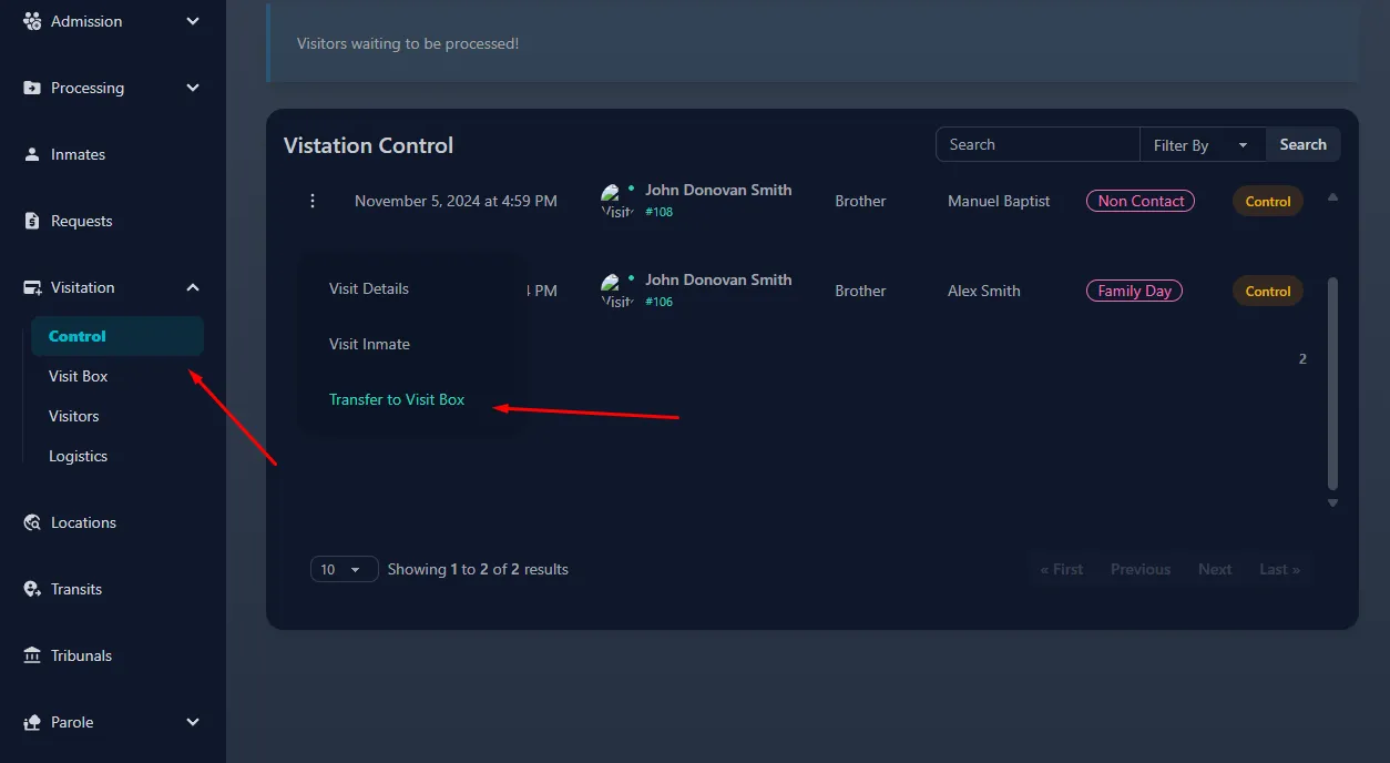 Visitation Control Process