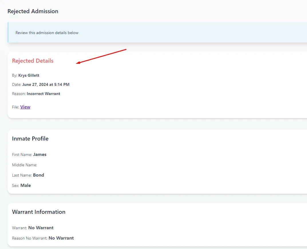 rejected admission details