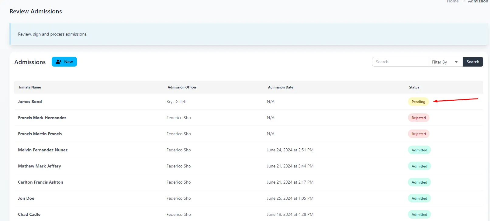 select pending admission